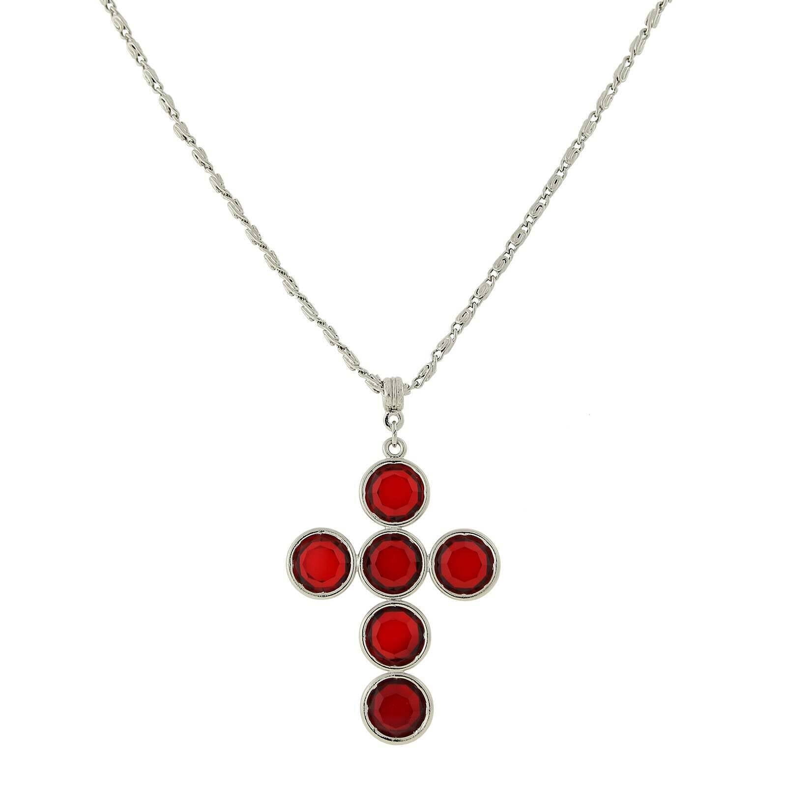 1928 Jewelry Silver Tone Austrian Crystal Cross Pendant Necklace 20"