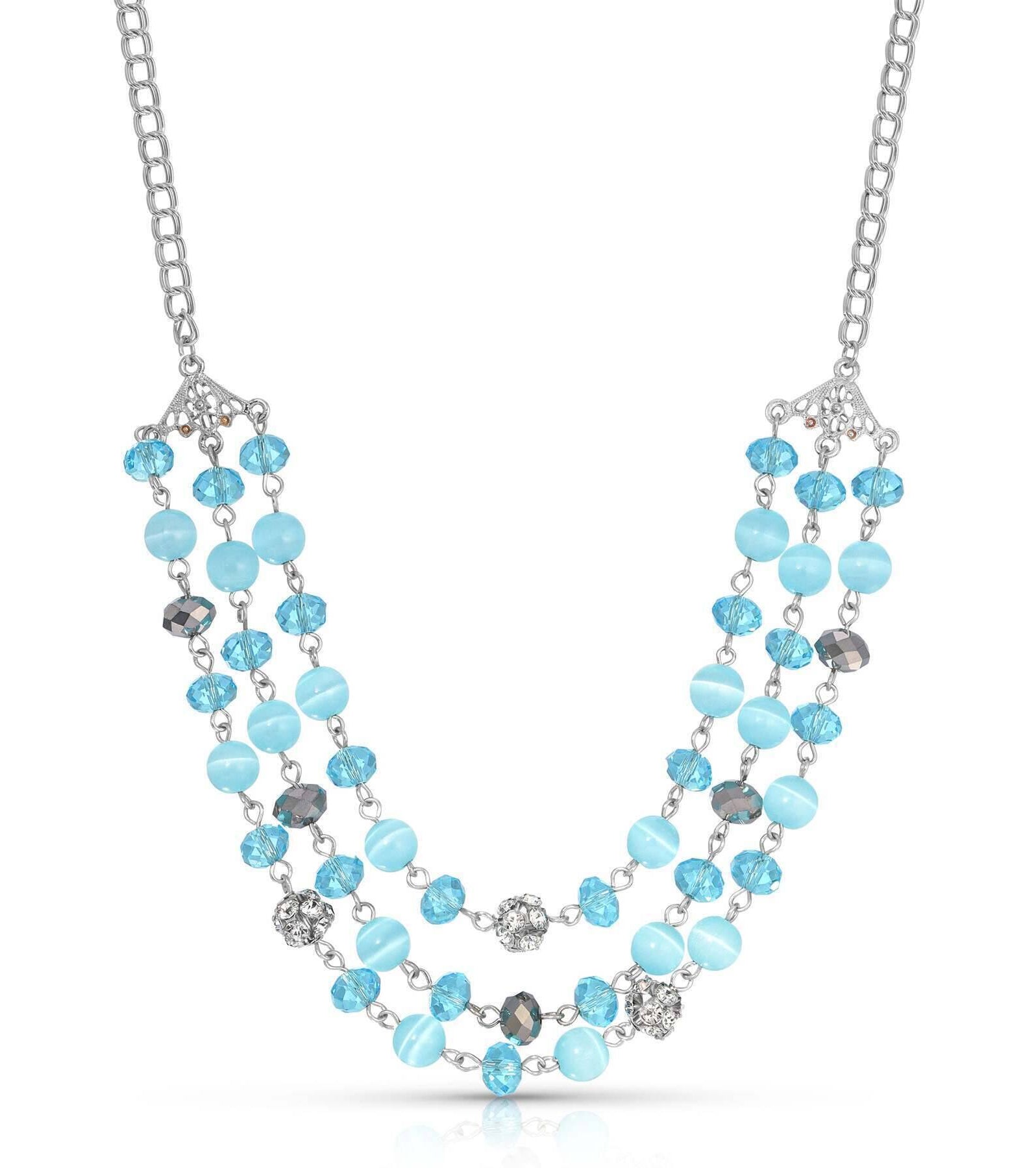 1928 Jewelry 3 Row Cat's Eye Multi Glass Beaded Necklace 16" + 3" Extender