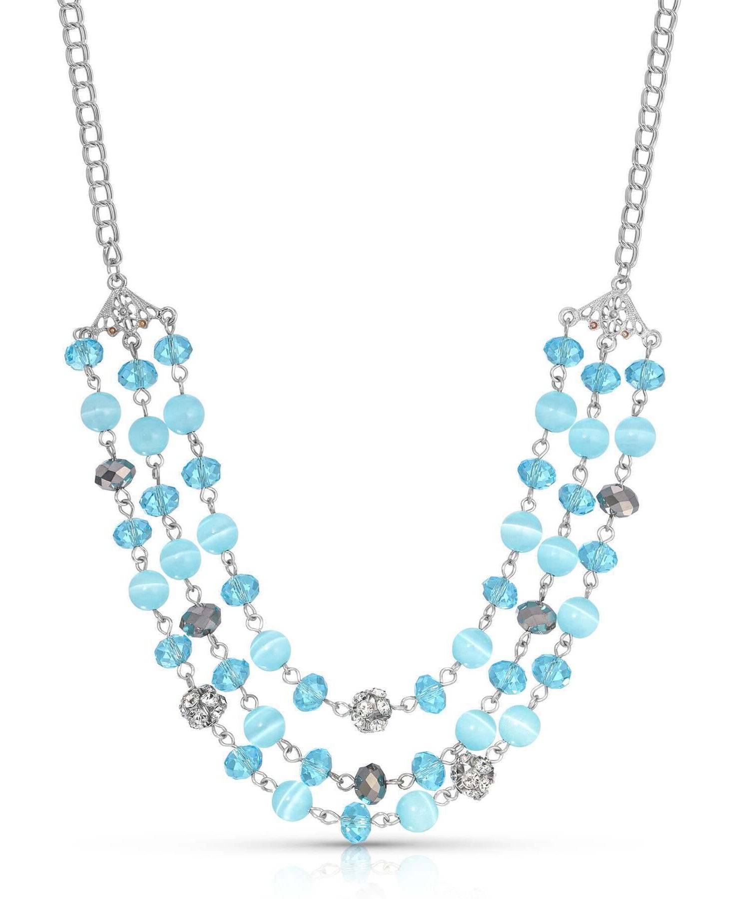 1928 Jewelry 3 Row Cat's Eye Multi Glass Beaded Necklace 16" + 3" Extender