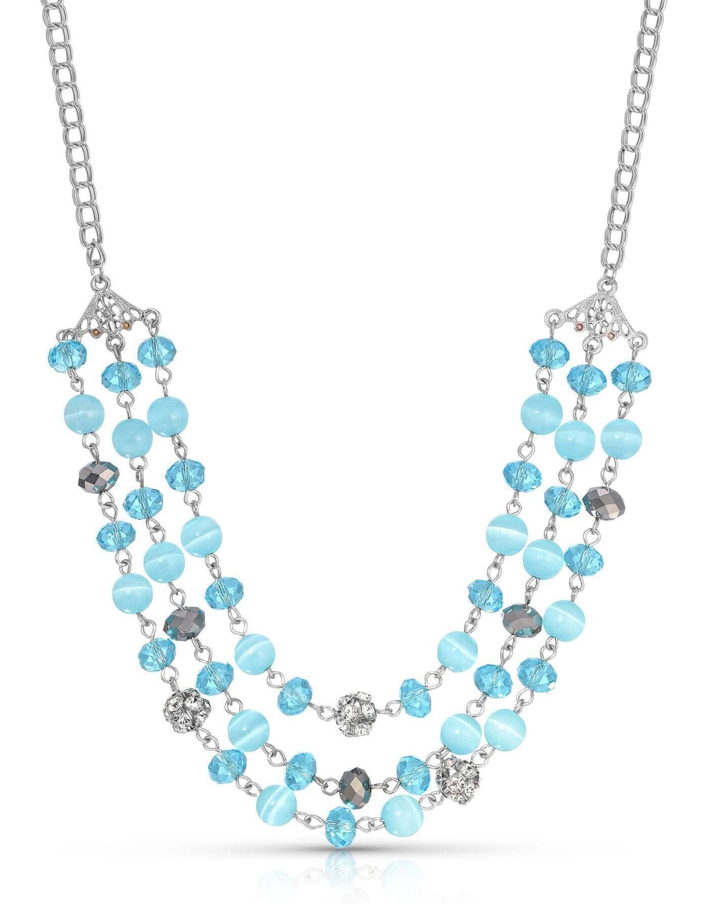 1928 Jewelry 3 Row Cat's Eye Multi Glass Beaded Necklace 16" + 3" Extender