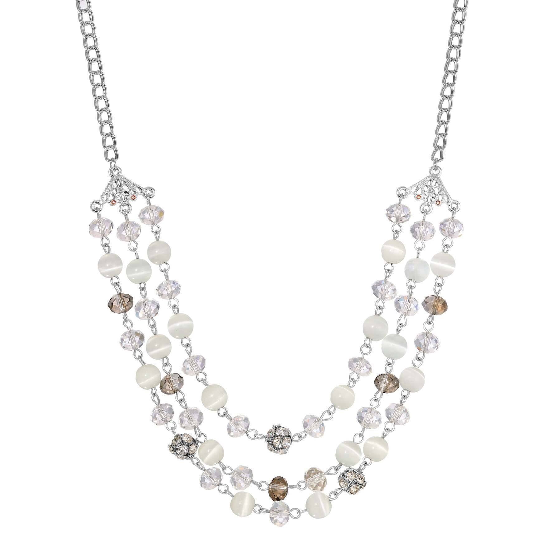 1928 Jewelry 3 Row Cat's Eye Multi Glass Beaded Necklace 16" + 3" Extender