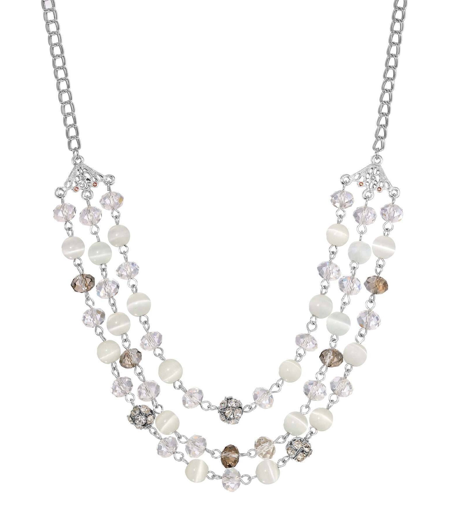 1928 Jewelry 3 Row Cat's Eye Multi Glass Beaded Necklace 16" + 3" Extender