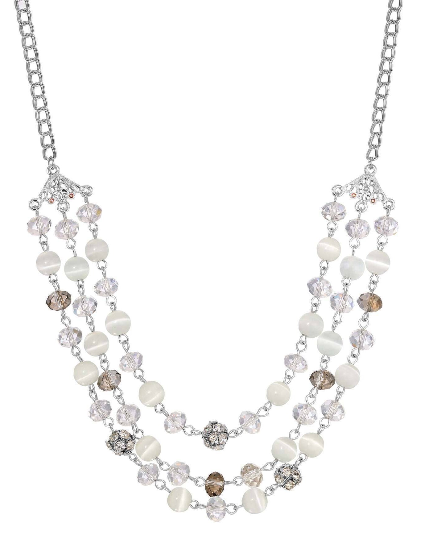 1928 Jewelry 3 Row Cat's Eye Multi Glass Beaded Necklace 16" + 3" Extender