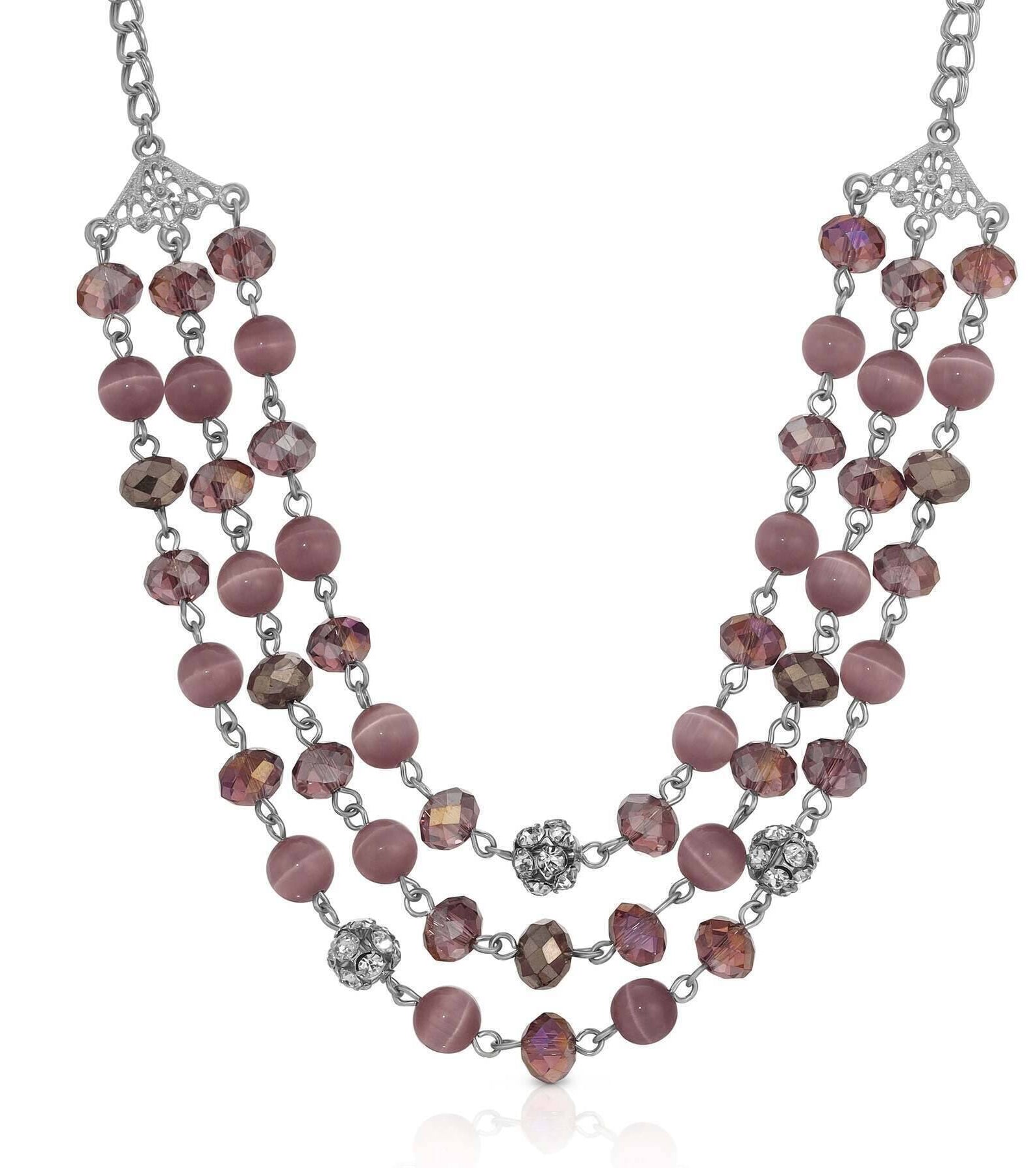 1928 Jewelry 3 Row Cat's Eye Multi Glass Beaded Necklace 16" + 3" Extender