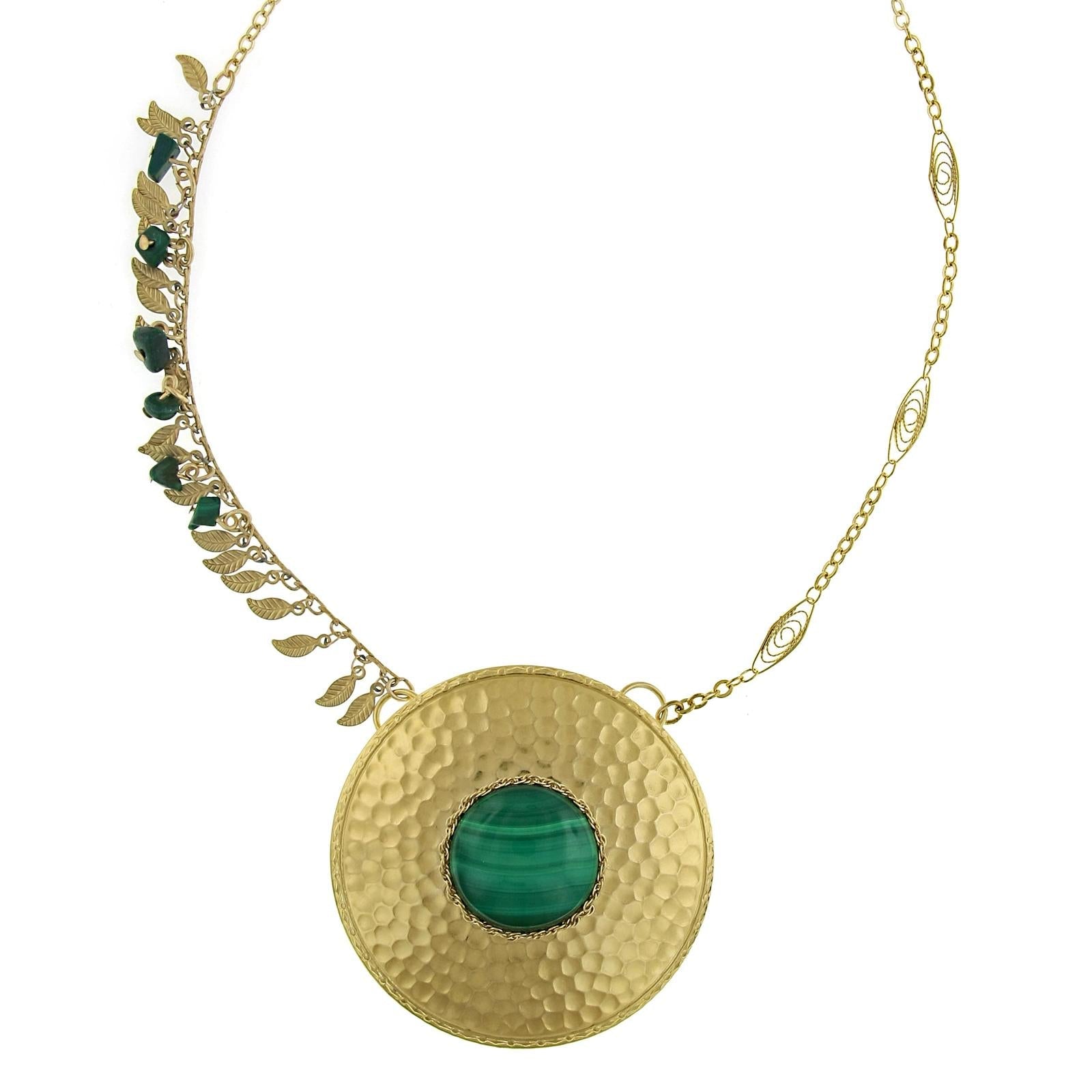T.R.U. Hammered Sunburst Malachite Gemstone Pendant Necklace 18"