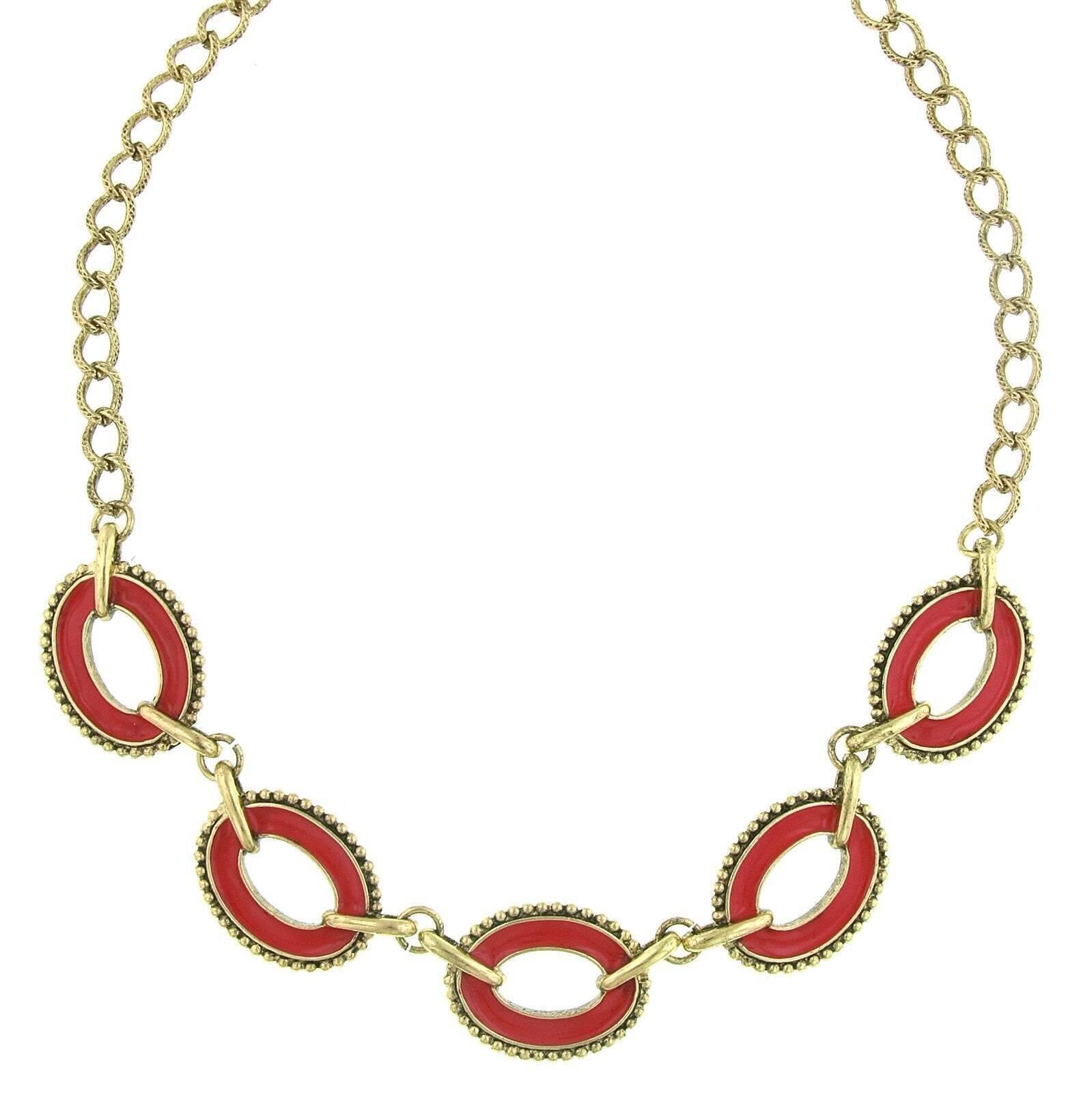 2028 Jewelry Reversible Hand Enameled Oval Station Link Chain Necklace 16" + 3" Extender