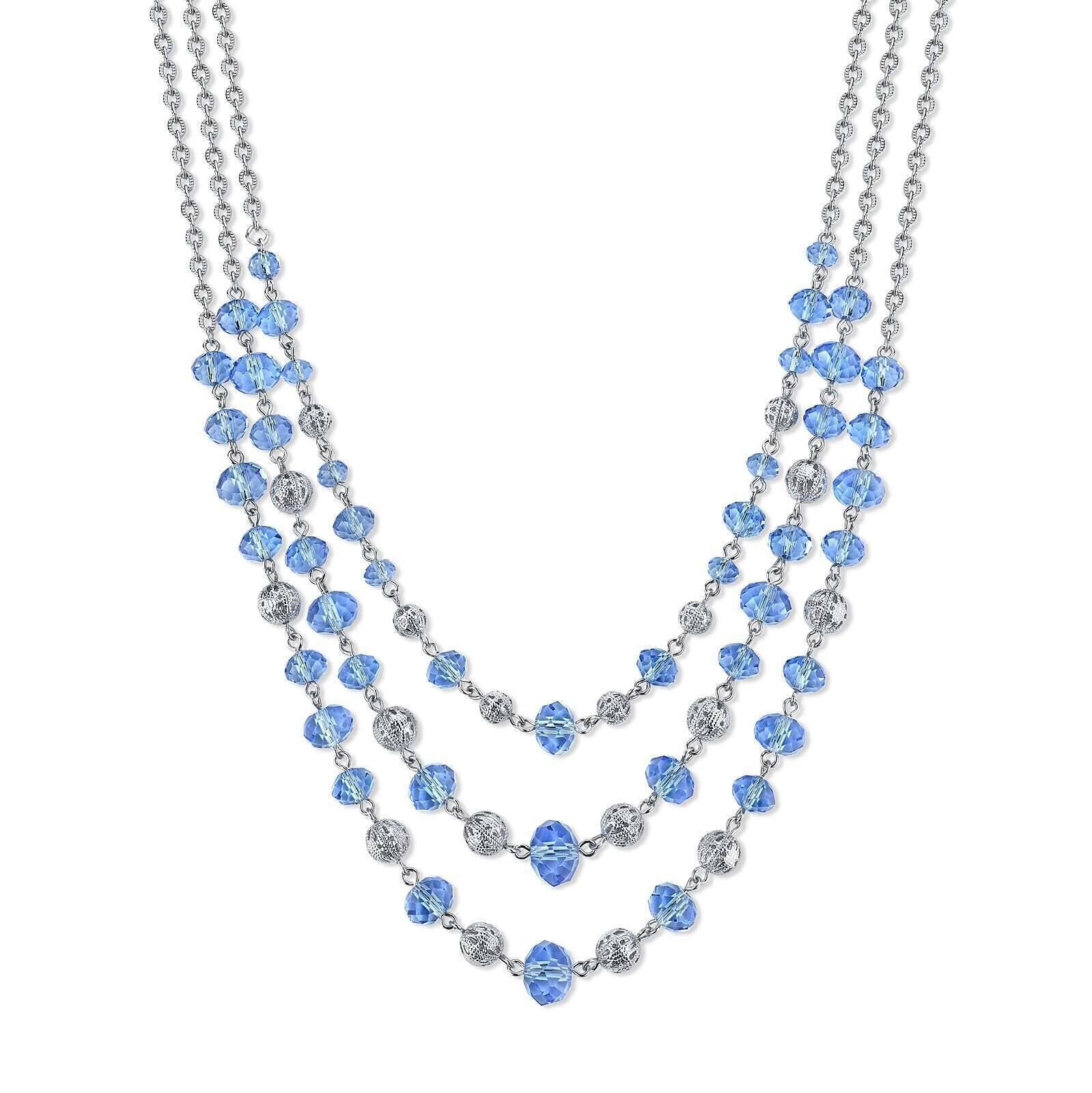 2028 Jewelry Luxe Glass Crystal Puffed Round Filigree Bead 3-Strand Necklace 16" + 3" Extender