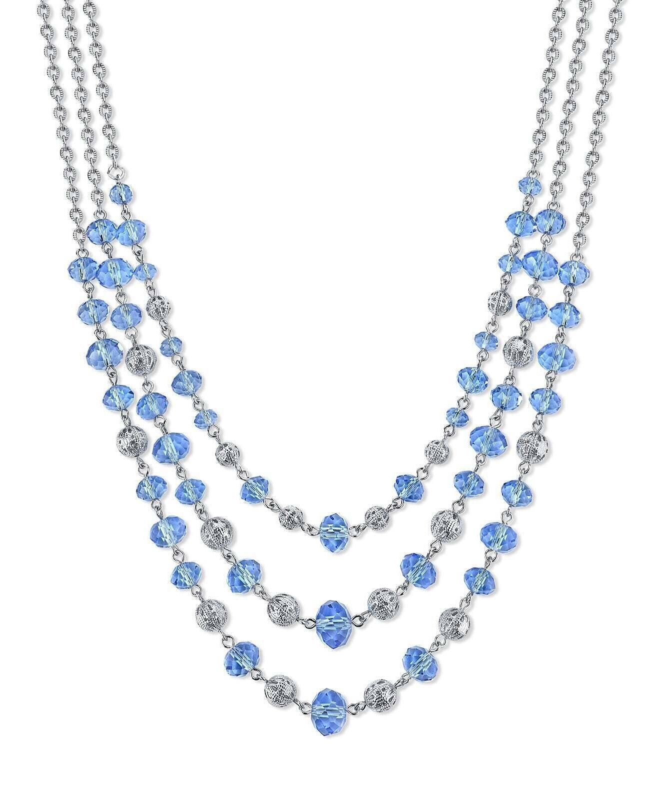 2028 Jewelry Luxe Glass Crystal Puffed Round Filigree Bead 3-Strand Necklace 16" + 3" Extender