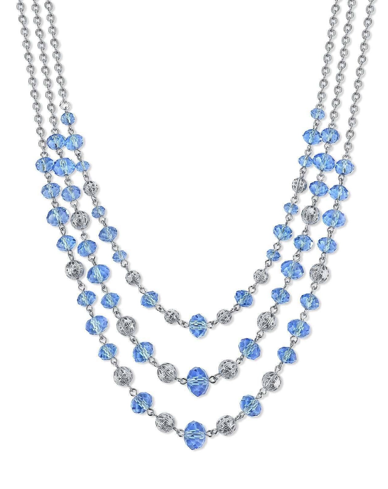 2028 Jewelry Luxe Glass Crystal Puffed Round Filigree Bead 3-Strand Necklace 16" + 3" Extender