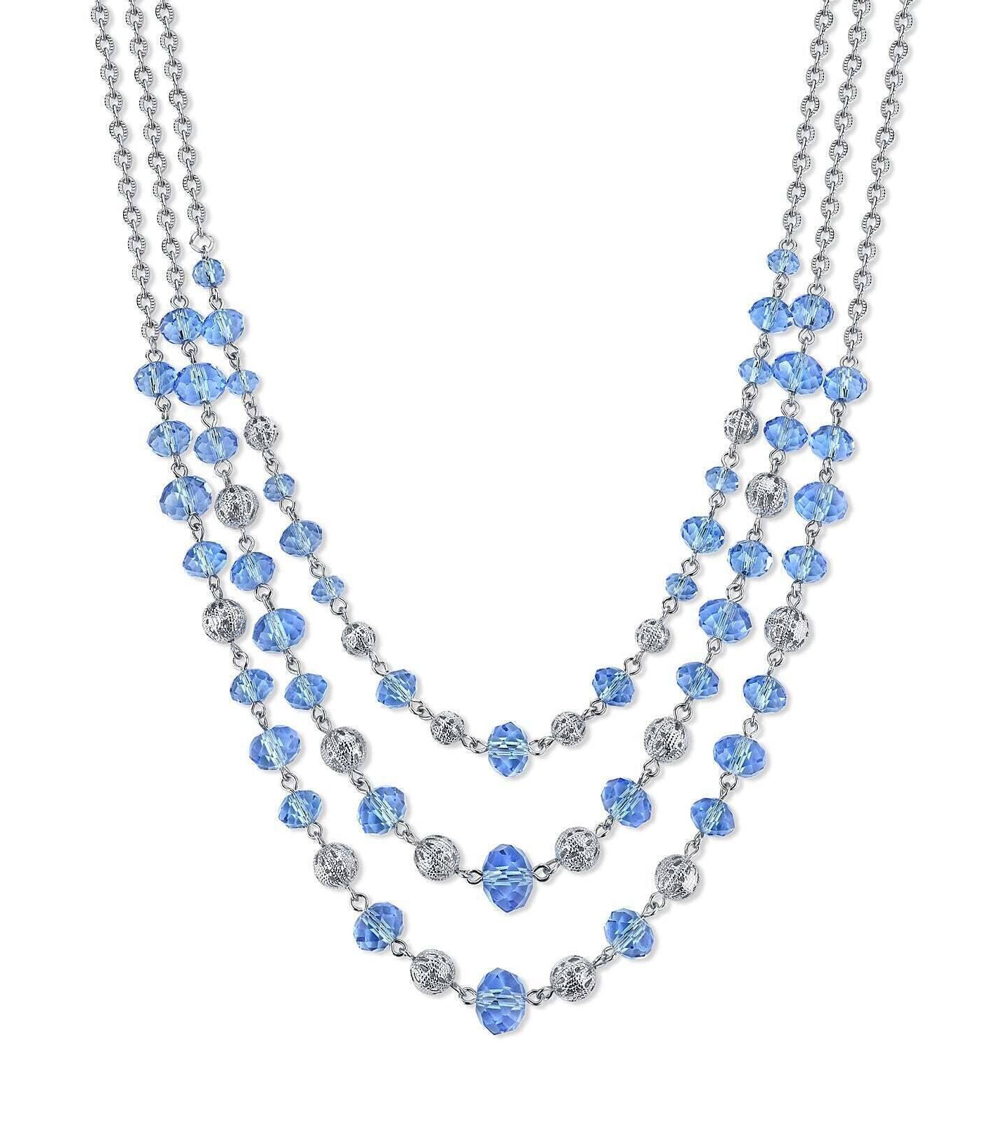 2028 Jewelry Luxe Glass Crystal Puffed Round Filigree Bead 3-Strand Necklace 16" + 3" Extender