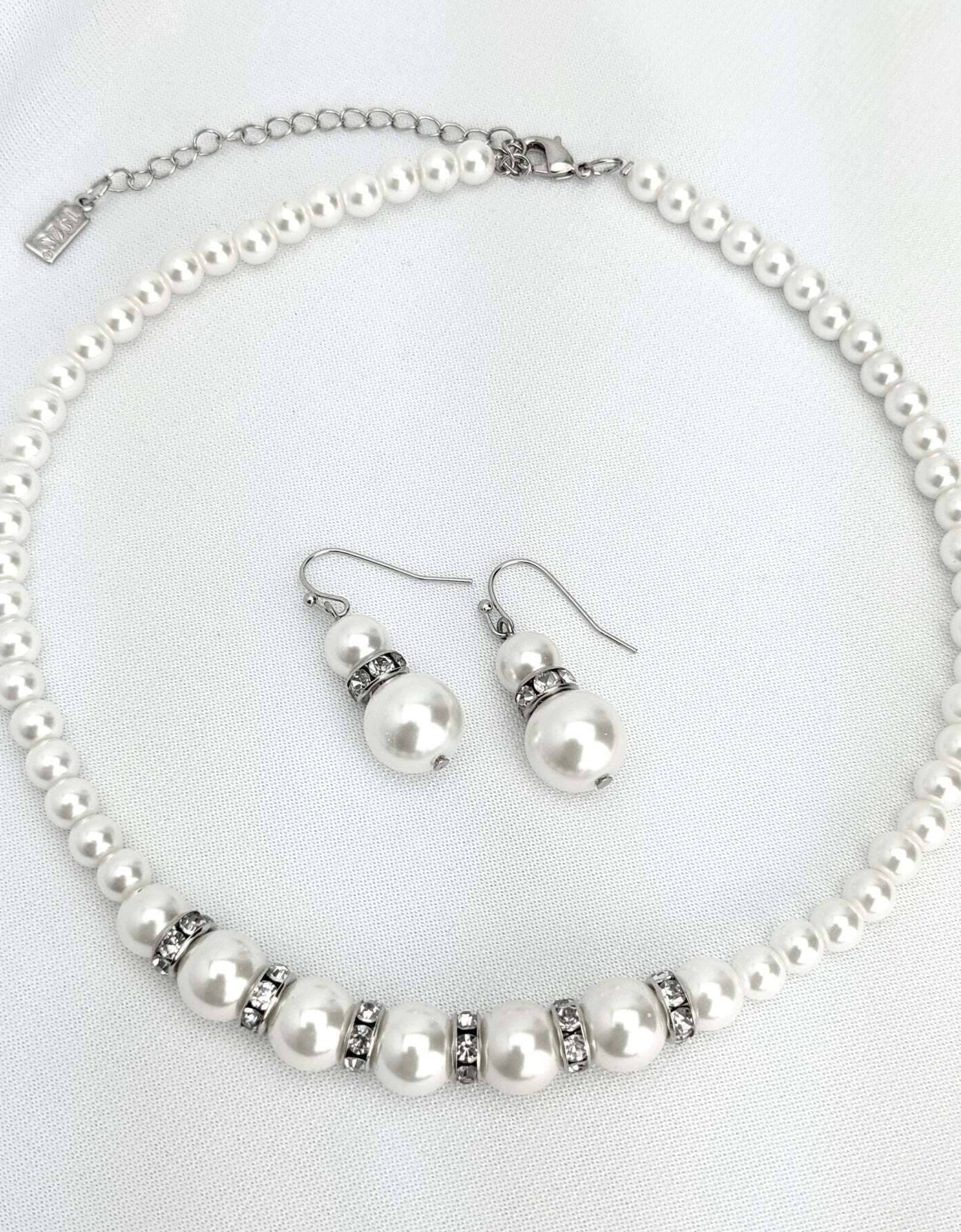 1928 Bridal White Graduated Faux Pearl Strand And Crystal Necklace 15" + 3" Extender