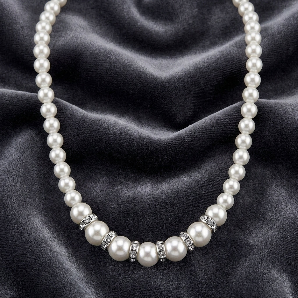 White Graduated Faux Pearl Strand And Crystal Necklace on a dark fabric background