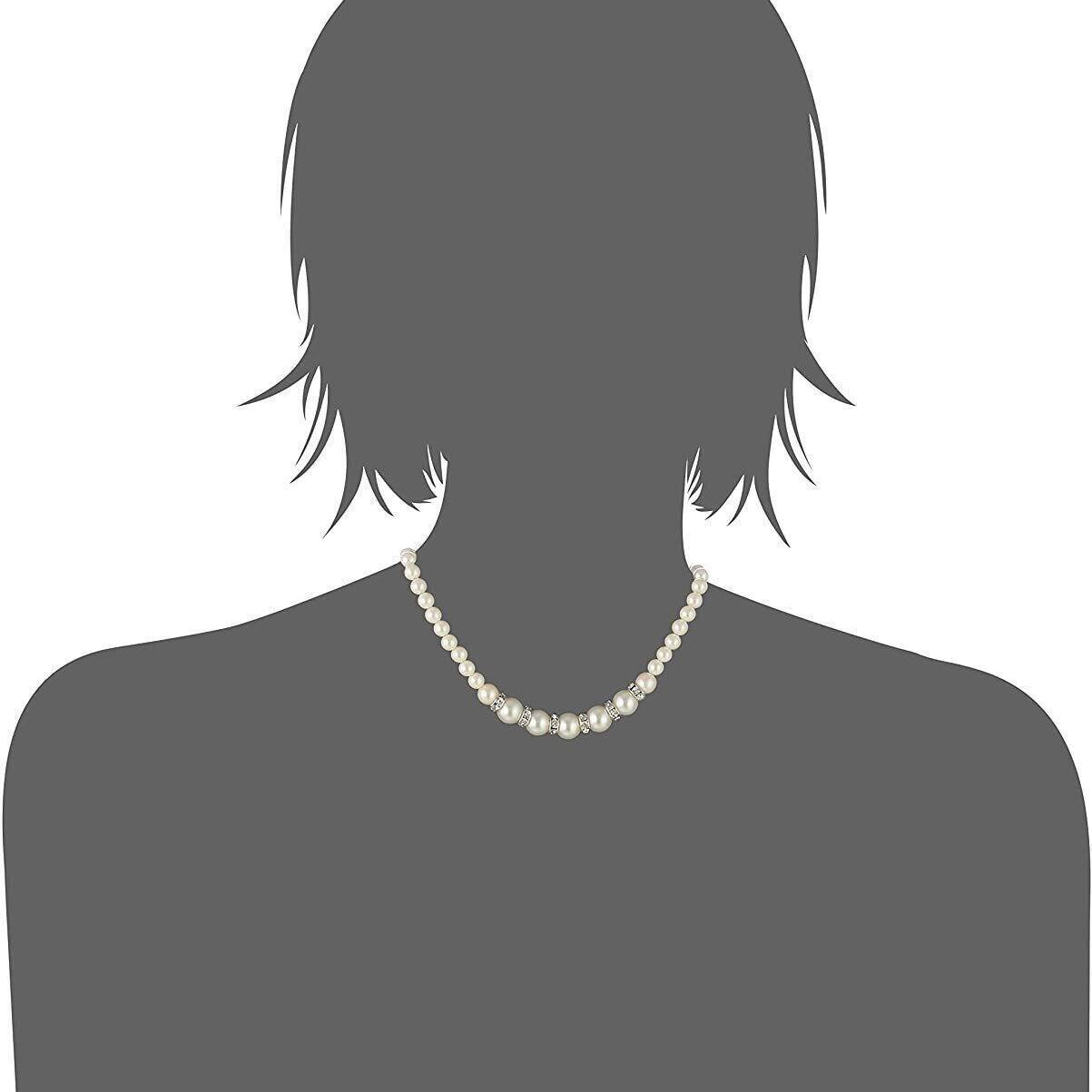 1928 Bridal White Graduated Faux Pearl Strand And Crystal Necklace 15" + 3" Extender