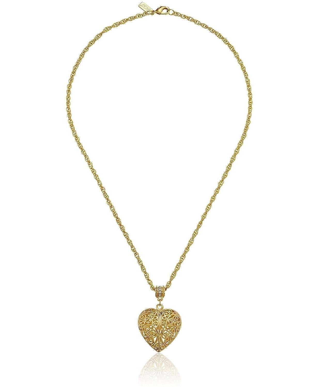 1928 Jewelry Filigree Heart With Austrian Crystal Accent Pendant Necklace 18"