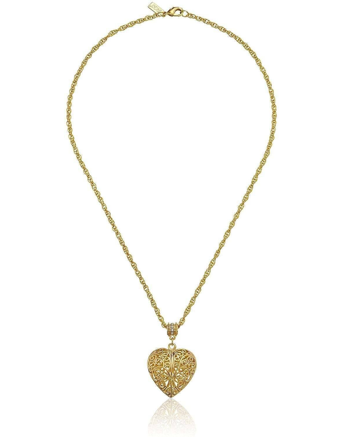 1928 Jewelry Filigree Heart With Austrian Crystal Accent Pendant Necklace 18"