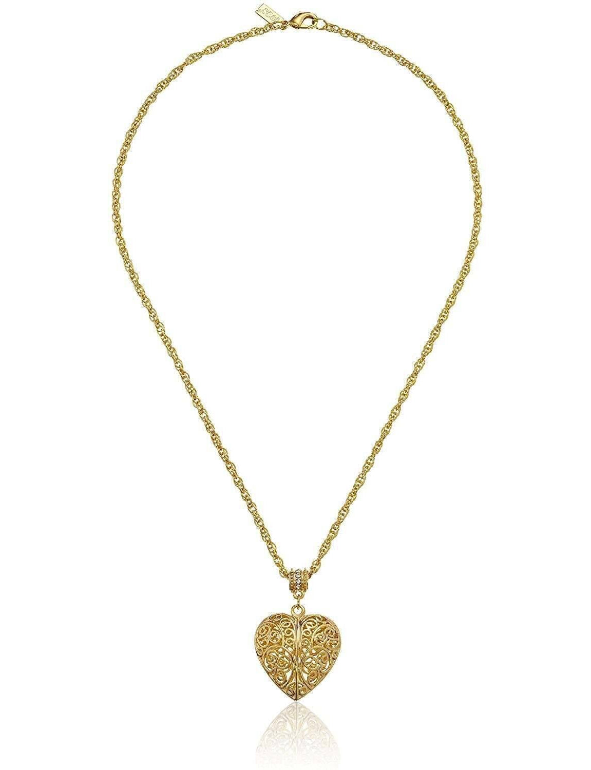 1928 Jewelry Filigree Heart With Austrian Crystal Accent Pendant Necklace 18"