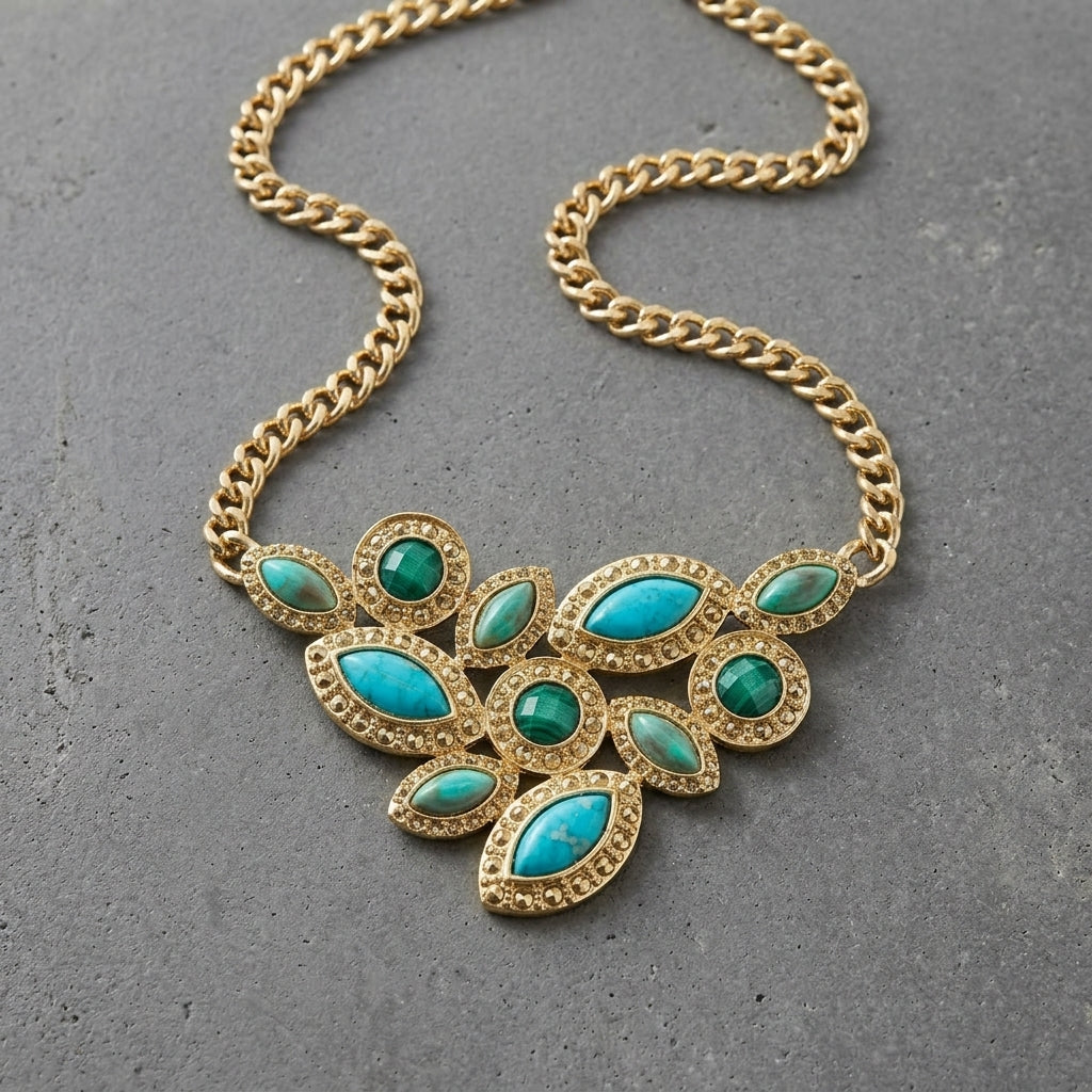 Gold necklace with turquoise stones on a gray surface