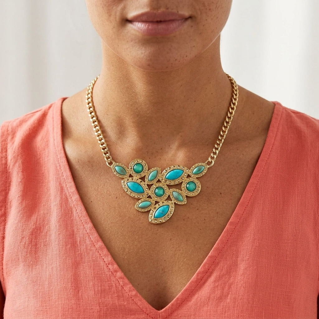 Woman wearing a gold necklace with turquoise stones against a neutral background