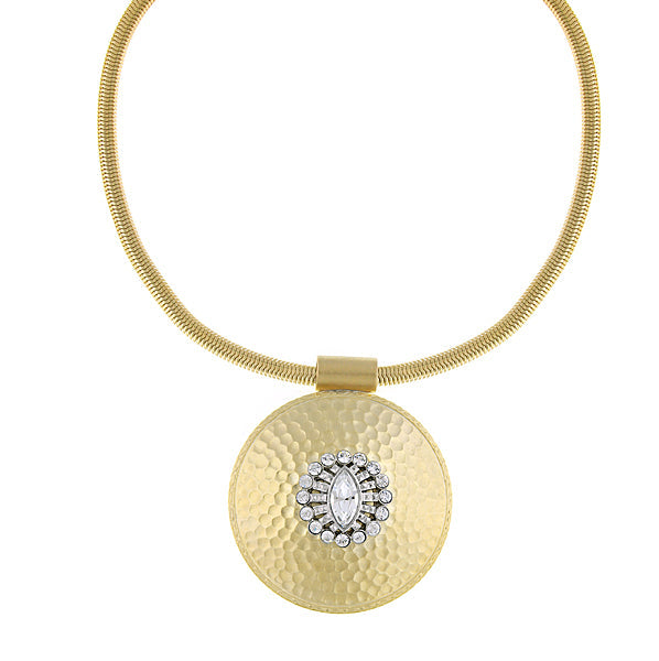 1928 Jewelry Large Hammered Disk Crystal Pendant Necklace 16" + 3" Extender