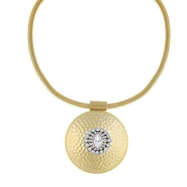 1928 Jewelry Large Hammered Disk Crystal Pendant Necklace 16" + 3" Extender