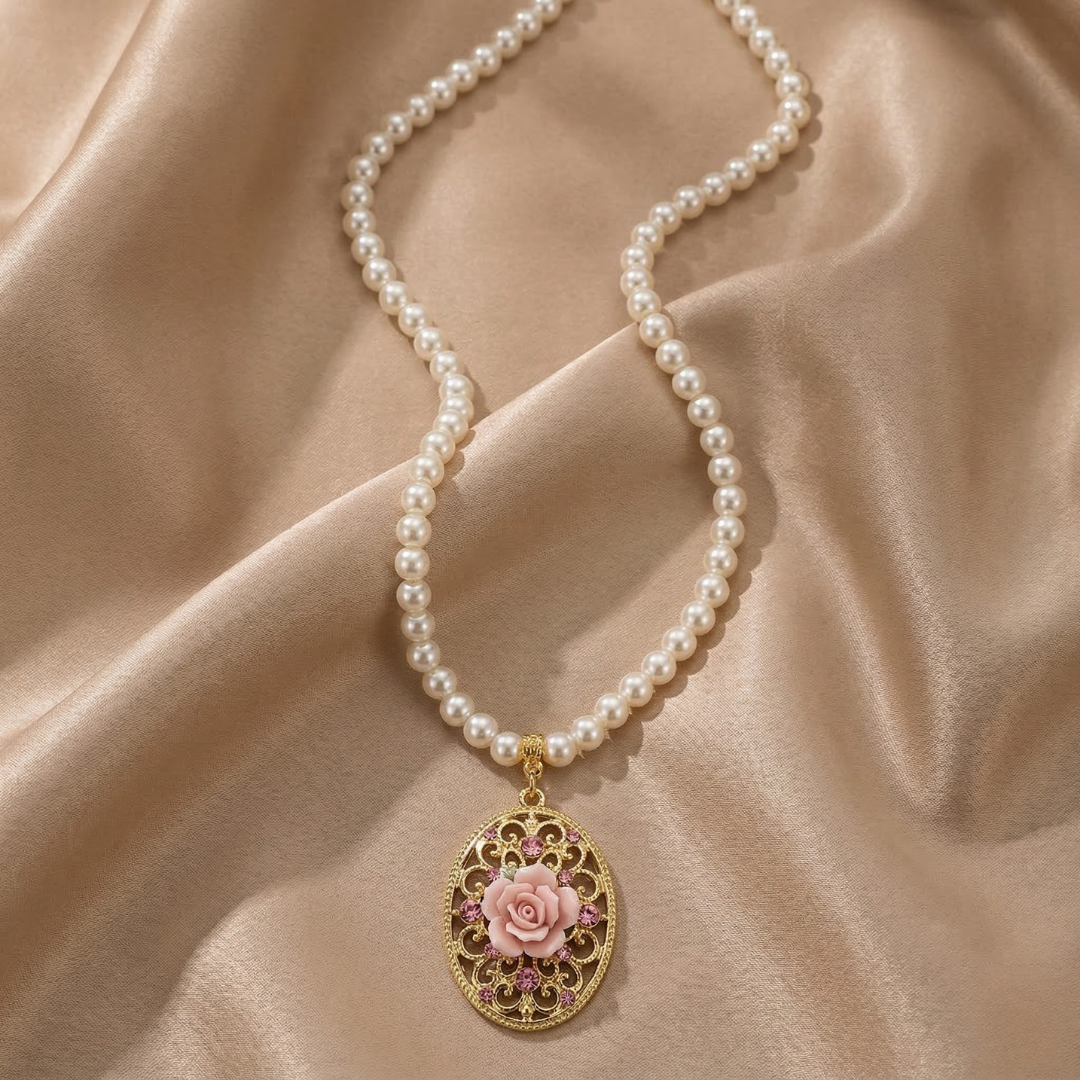 Faux pearl necklace with a gold pendant featuring a pink rose on a beige fabric background