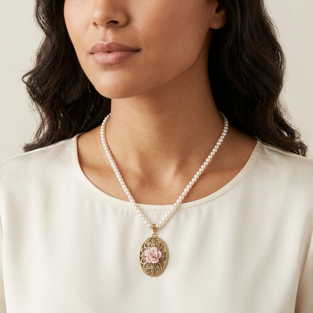 Woman wearing a faux pearl necklace with a decorative rose pendant on a plain background