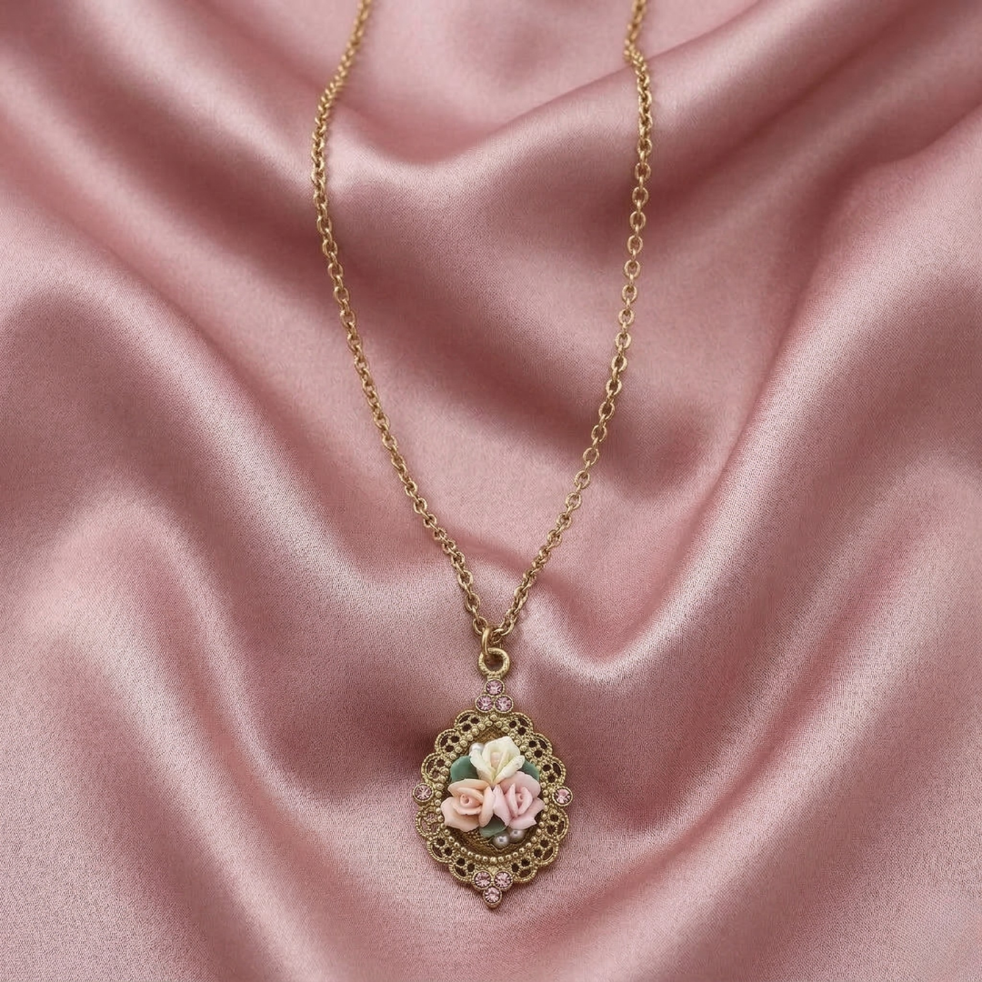 Gold necklace with a floral porcelain rose pendant on a pink satin background