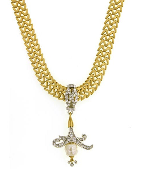 Antiquities Couture Empress Crystal Baroque Faux Pearl W Chain Pendant Necklace 12" + 5" Extender