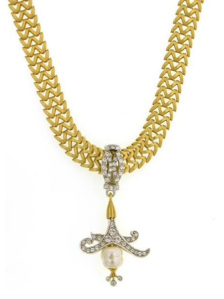 Antiquities Couture Empress Crystal Baroque Faux Pearl W Chain Pendant Necklace 12" + 5" Extender