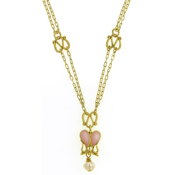 Antiquities Couture Heartbeat Boutique Pink Enamel & Baroque Faux Pearl Pendant Necklace 18"
