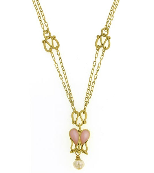 Antiquities Couture Heartbeat Boutique Pink Enamel & Baroque Faux Pearl Pendant Necklace 18"