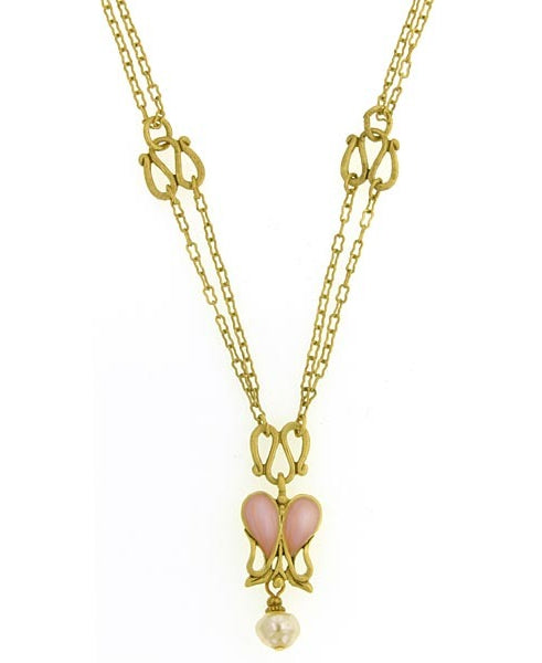 Antiquities Couture Heartbeat Boutique Pink Enamel & Baroque Faux Pearl Pendant Necklace 18"