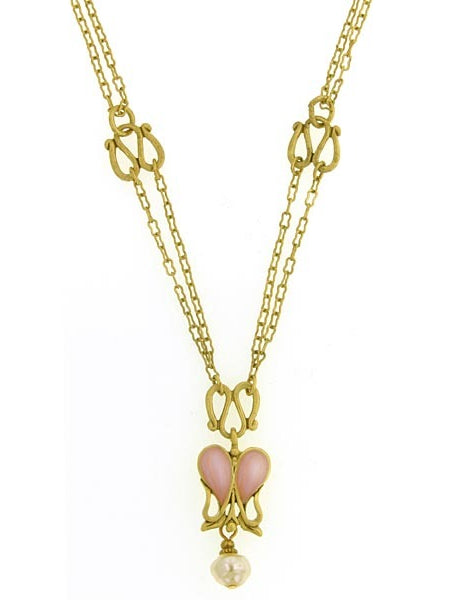 Antiquities Couture Heartbeat Boutique Pink Enamel & Baroque Faux Pearl Pendant Necklace 18"