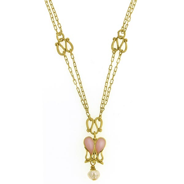 Antiquities Couture Heartbeat Boutique Pink Enamel & Baroque Faux Pearl Pendant Necklace 18"