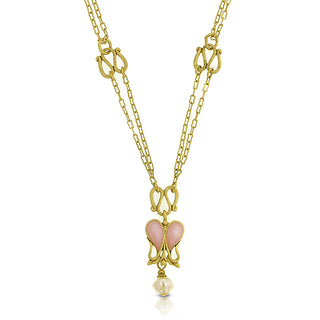 Antiquities Couture Heartbeat Boutique Pink Enamel & Baroque Faux Pearl Pendant Necklace 18"