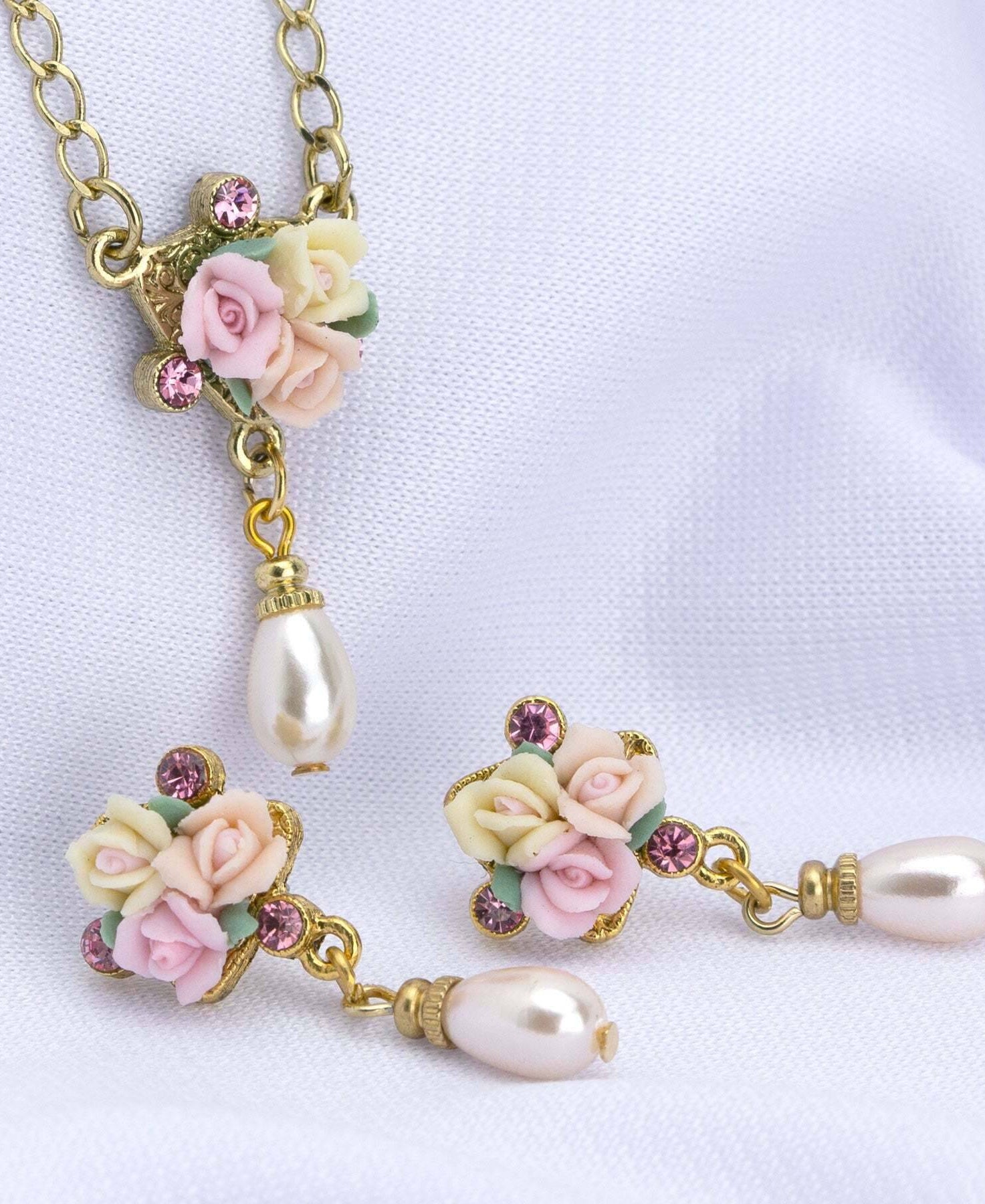 1928 Bridal Crystal Ivory And Pink Porcelain Rose Faux Pearl Necklace 16" + 3" Extender