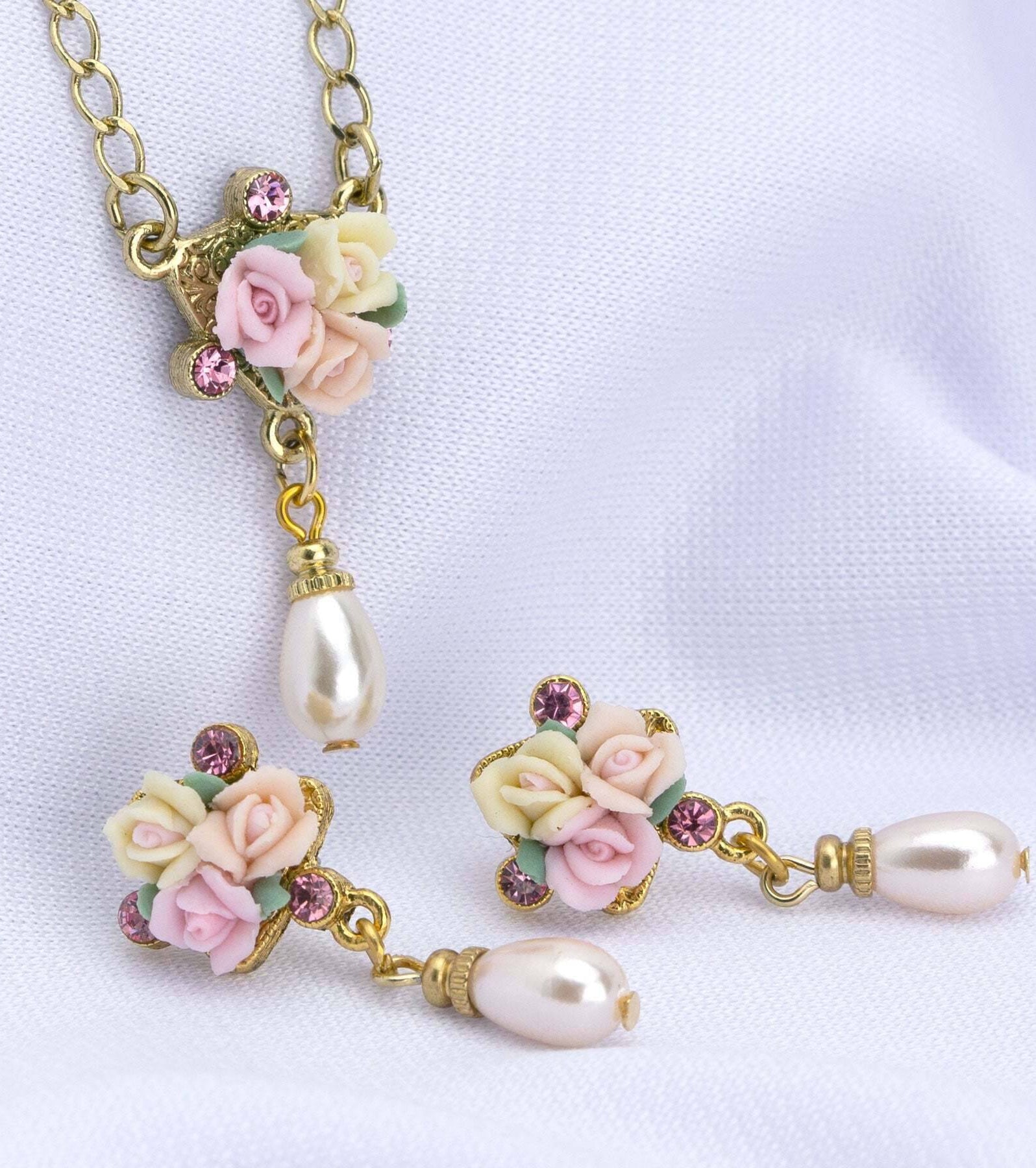 1928 Bridal Multi-Color Porcelain Rose Pink Crystal Faux Pearl Drop Post Earrings