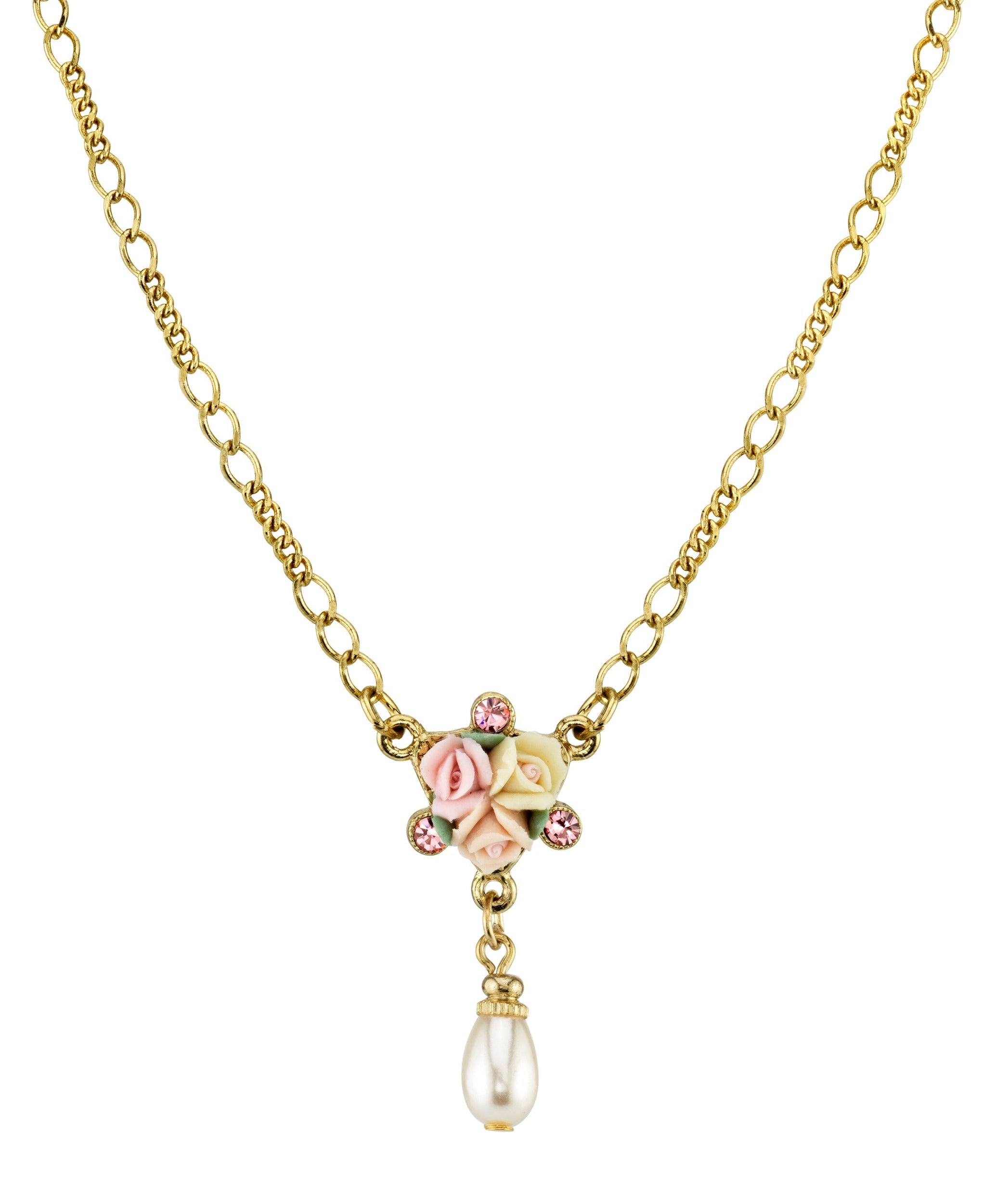 1928 Bridal Crystal Ivory And Pink Porcelain Rose Faux Pearl Drop Necklace 16" + 3" Extender