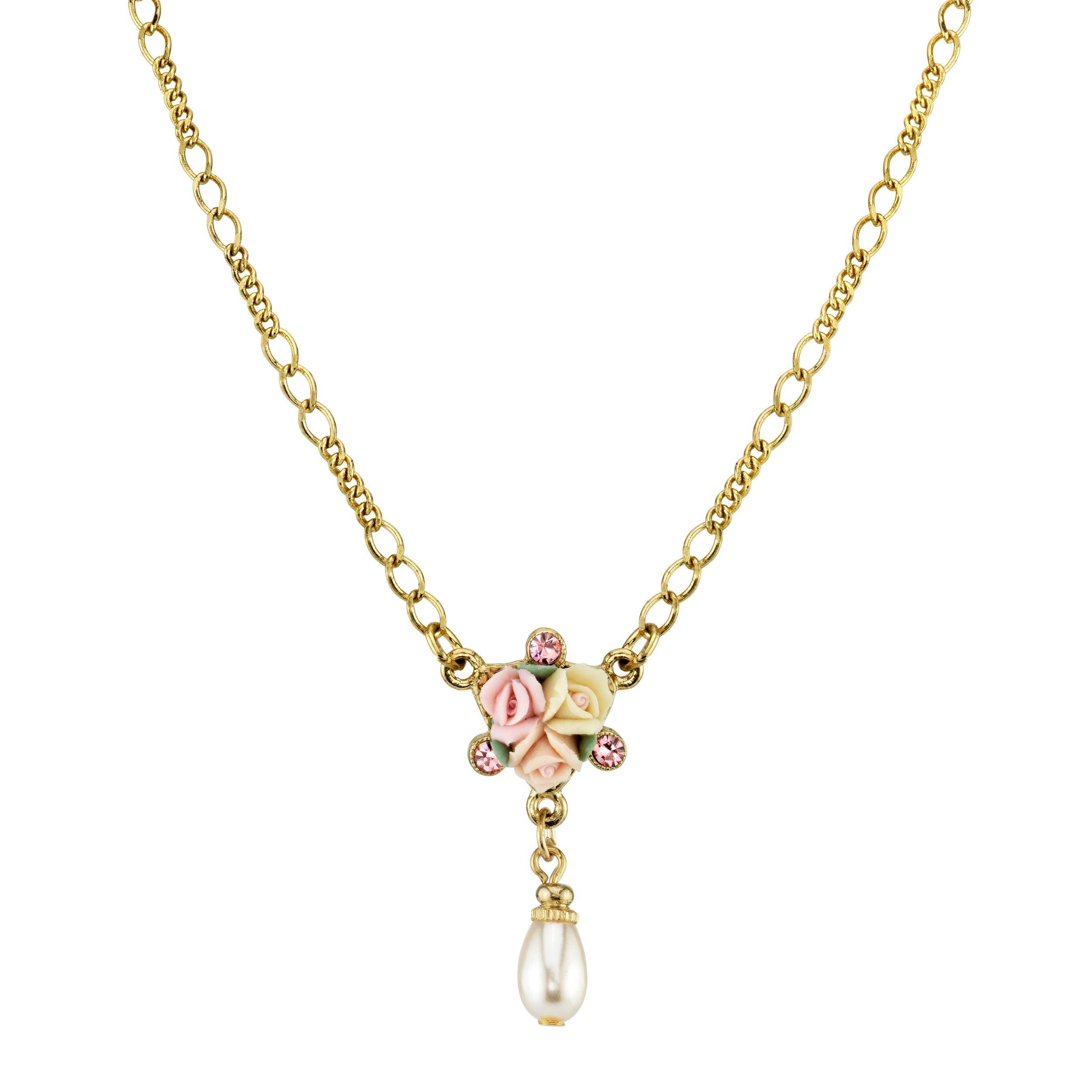 1928 Bridal Crystal Ivory And Pink Porcelain Rose Faux Pearl Drop Necklace 16" + 3" Extender