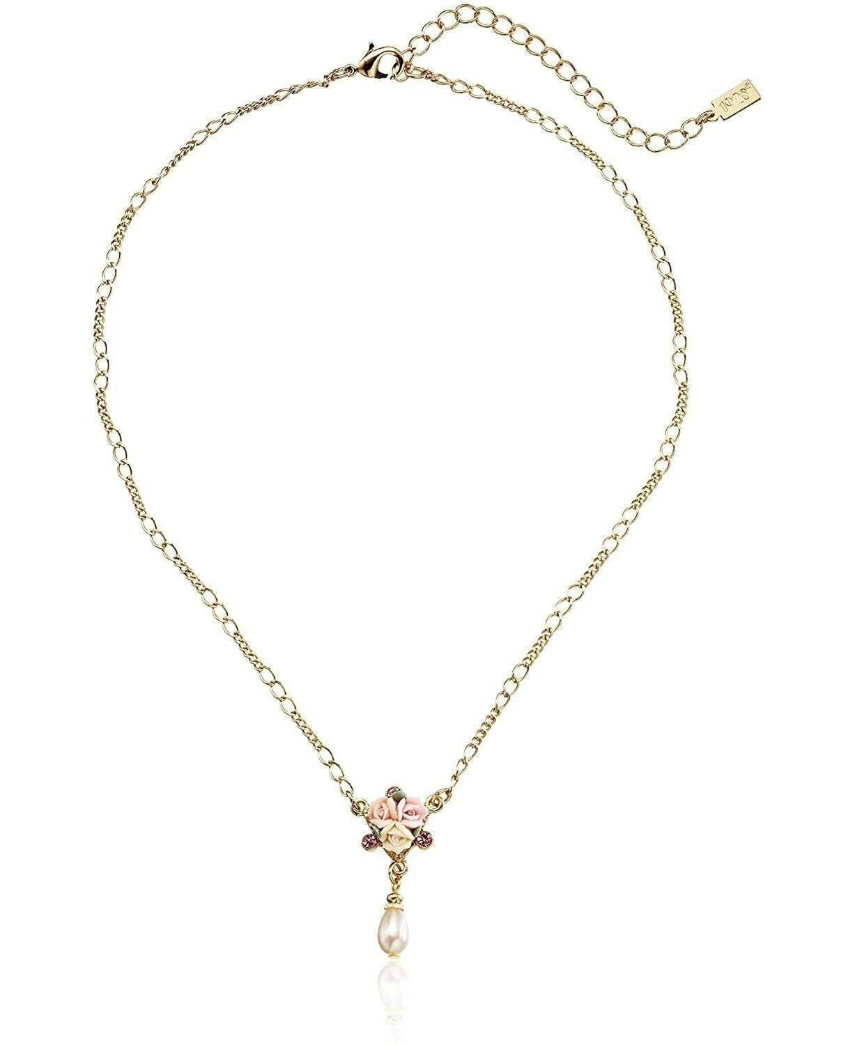 1928 Bridal Crystal Ivory And Pink Porcelain Rose Faux Pearl Necklace 16" + 3" Extender