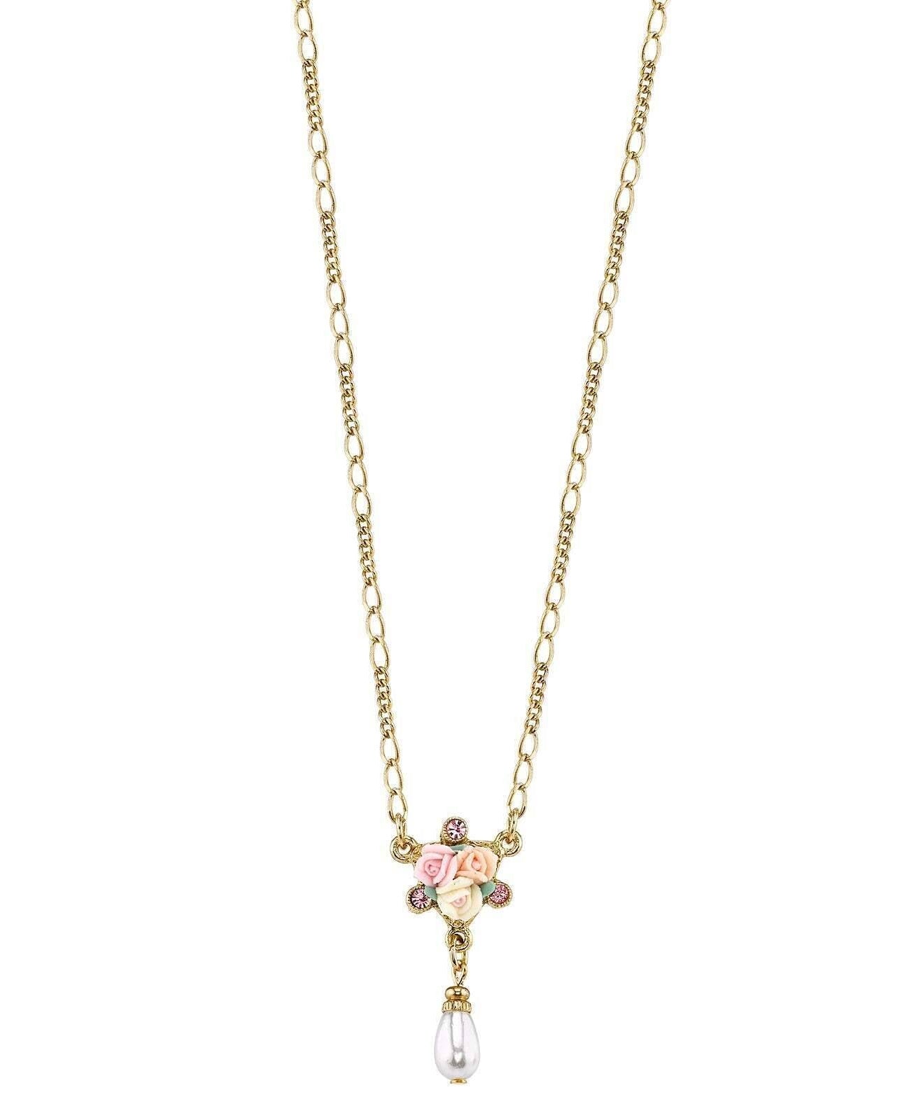 1928 Bridal Crystal Ivory And Pink Porcelain Rose Faux Pearl Necklace 16" + 3" Extender