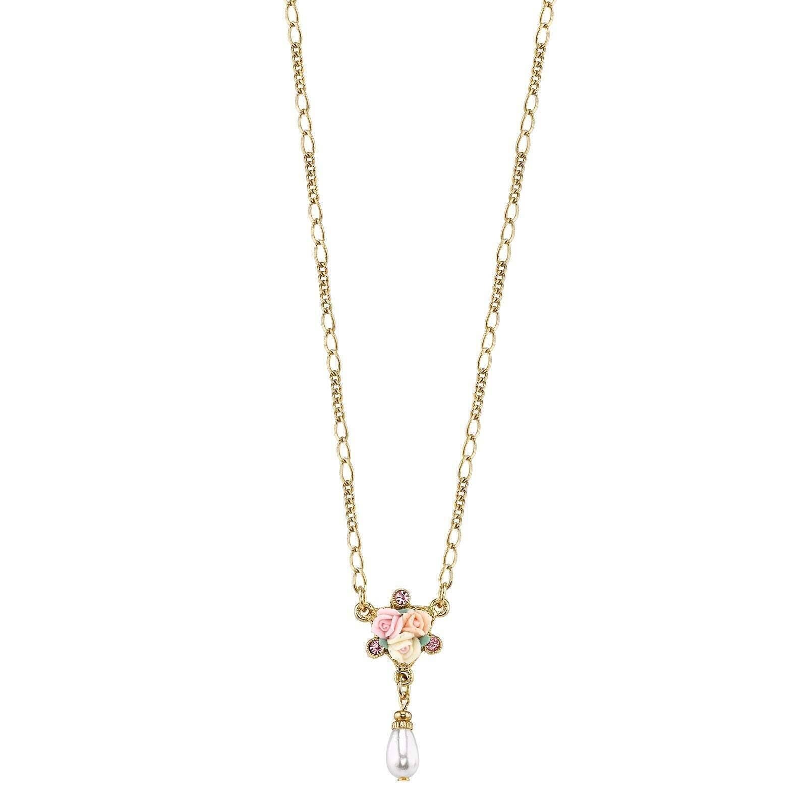 1928 Bridal Crystal Ivory And Pink Porcelain Rose Faux Pearl Necklace 16" + 3" Extender