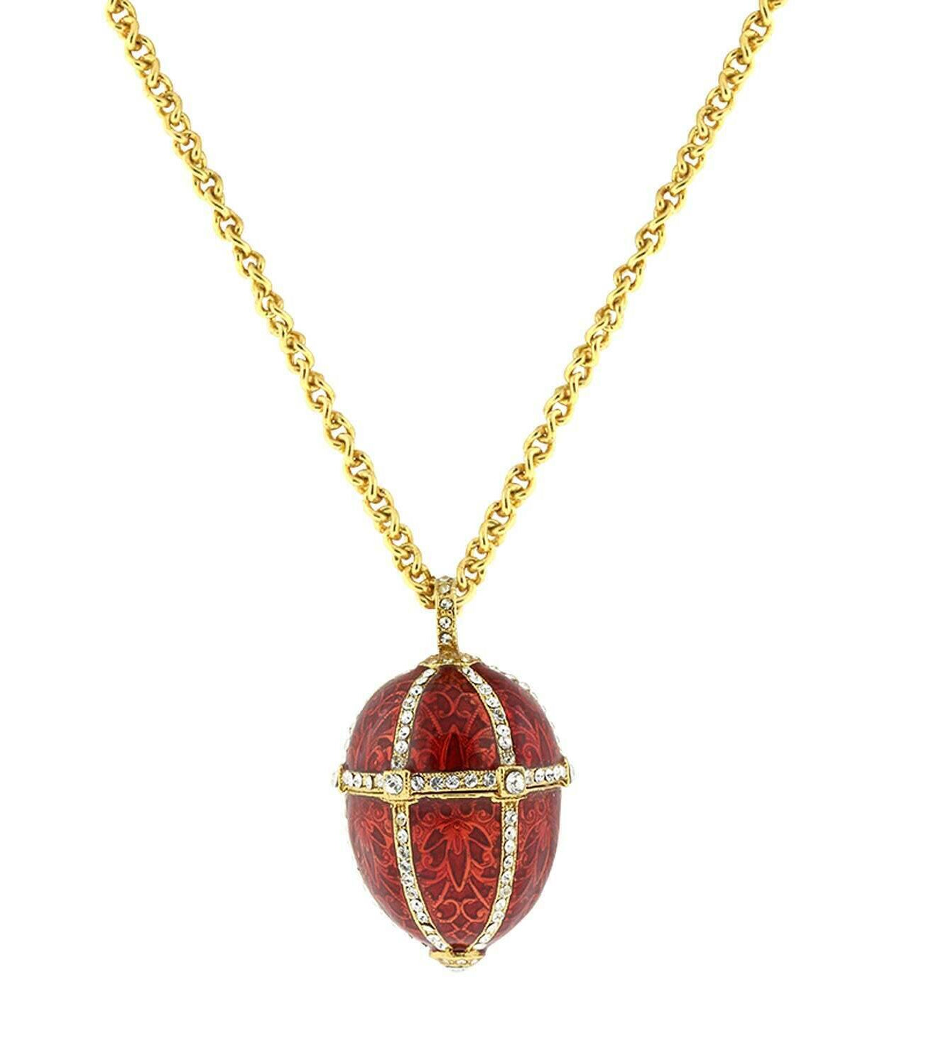 1928 Jewelry Trellis Red Enamel Rhinestone Egg Locket Necklace 30"
