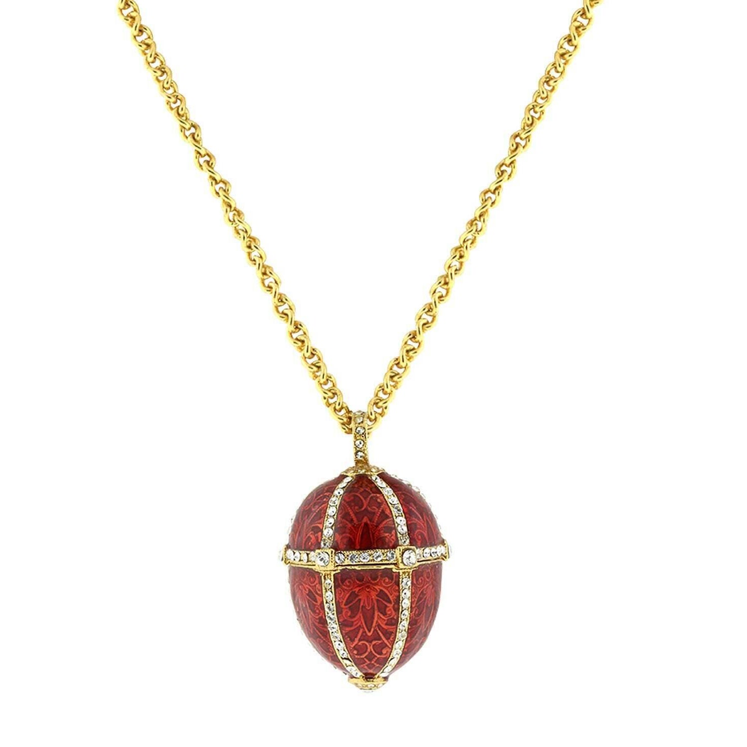 1928 Jewelry Trellis Red Enamel Rhinestone Egg Locket Necklace 30"