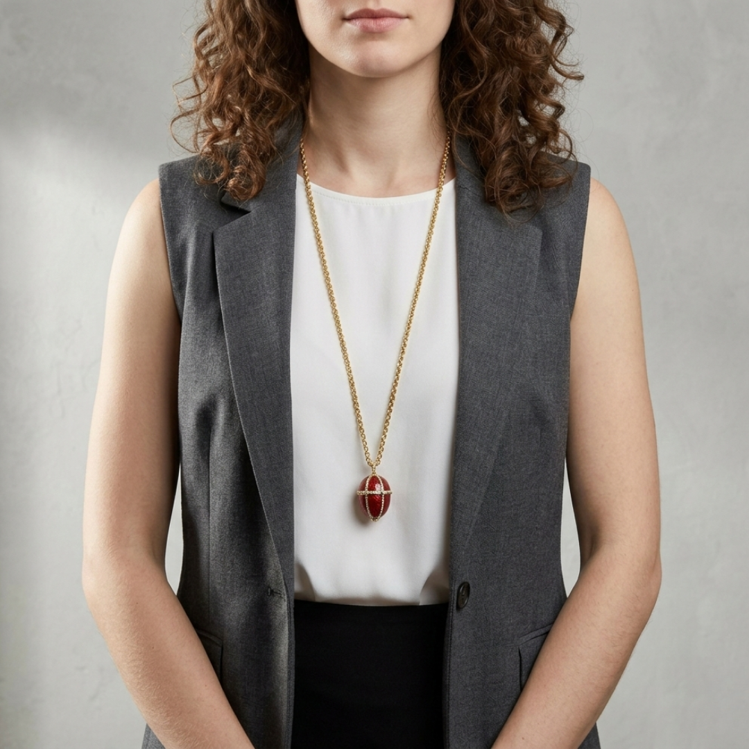 Person wearing a gray vest over a white top with a long egg pendant necklace against a neutral background