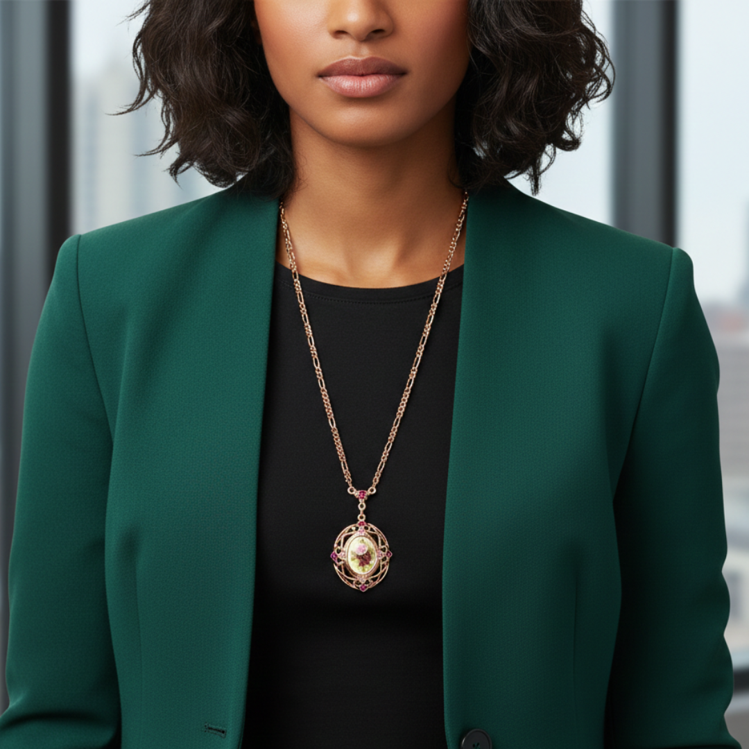 Woman wearing a green blazer and black top with a gold floral necklace.