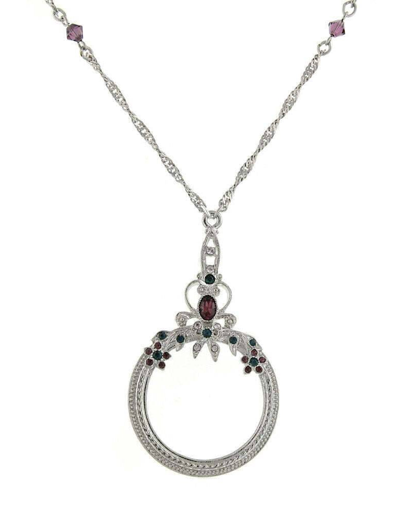 1928 Jewelry Floral Crystal Magnifying Glass Necklace 30" - Magnification Power: 2X