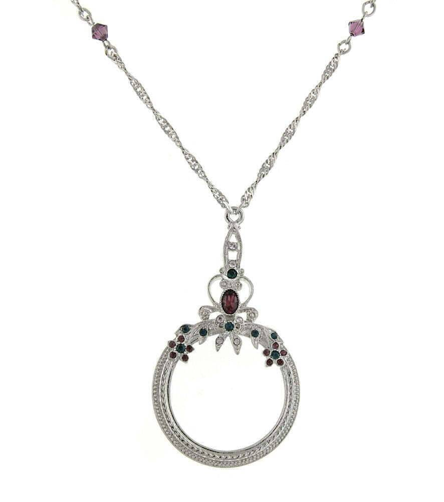 1928 Jewelry Floral Crystal Magnifying Glass Necklace 30" - Magnification Power: 2X