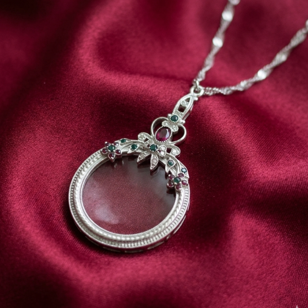 Silver necklace with a magnifying glass pendant and purple crystal accents on a red fabric background