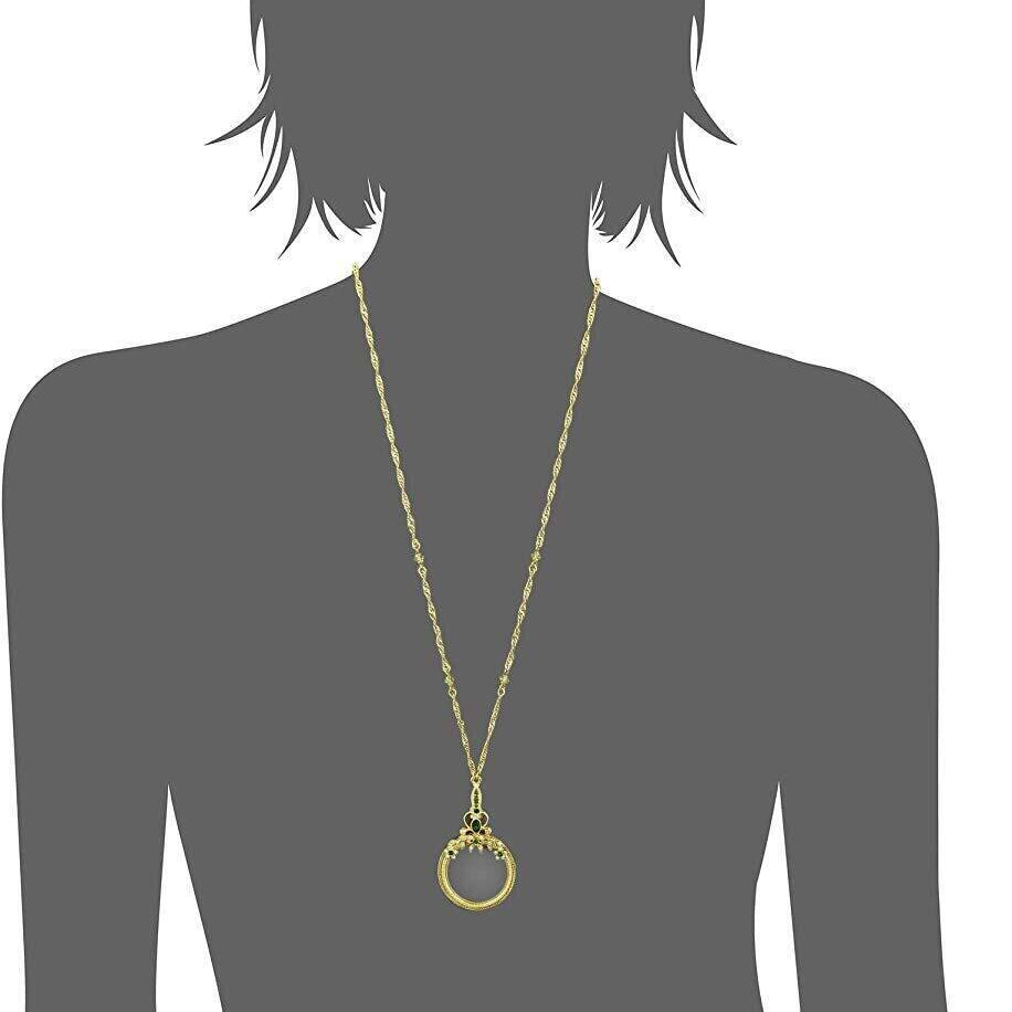 1928 Jewelry Floral Crystal Magnifying Glass Necklace 30" - Magnification Power: 2X